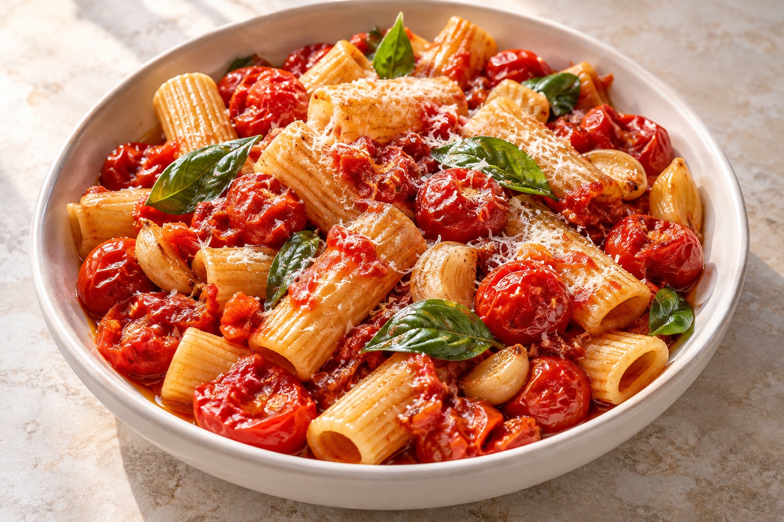 Rigatoni with burst roasted cherry tomatoes, garlic, basil leaves, and grated Parmesan in an ivory bowl.