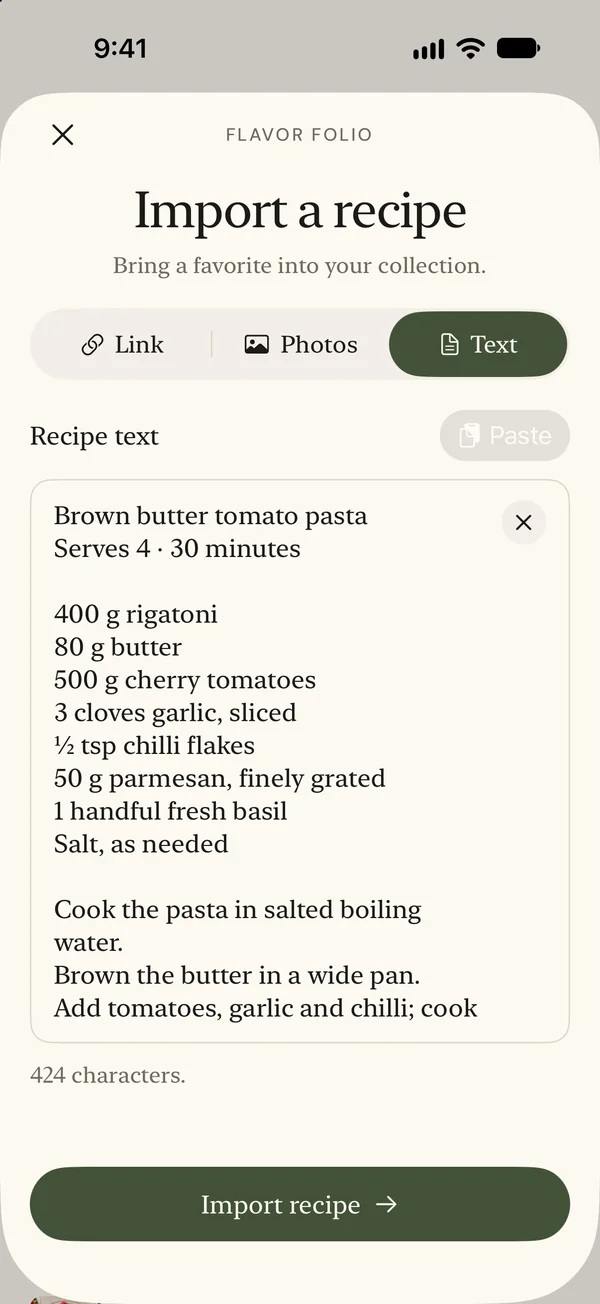 Import recipe text
