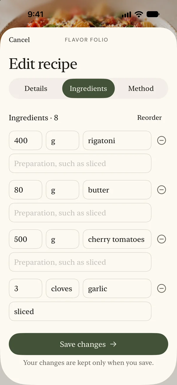 Edit ingredients