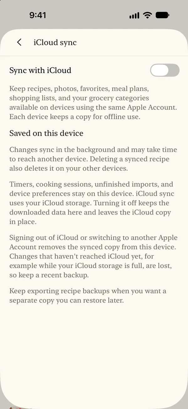 Optional iCloud sync, off